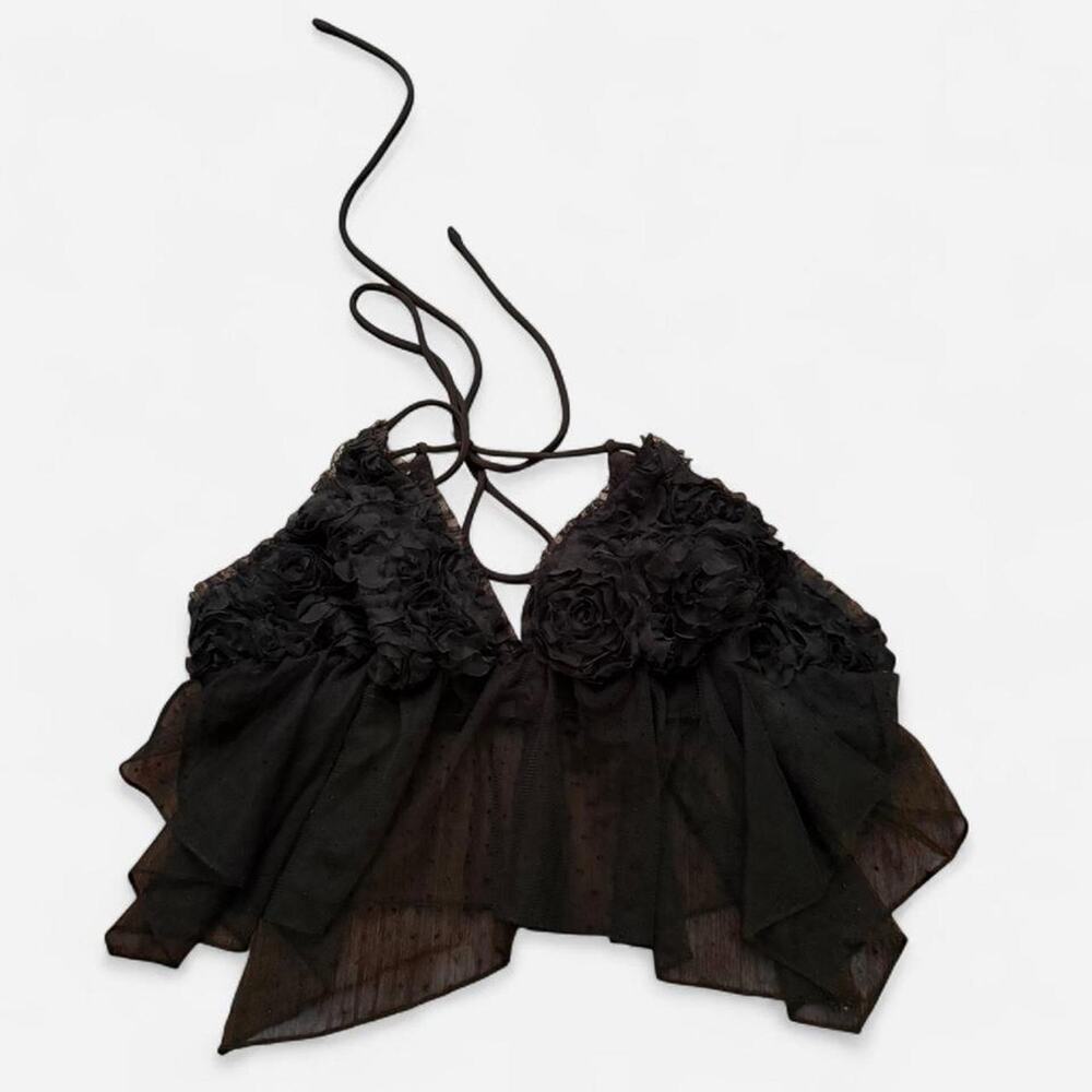 Black 3d floral halter top
